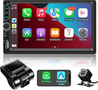 Double Din Car Stereo with Dash Cam,Compatible with Apple Carplay,Android Auto,7 inch Touch Screen Car Radio Receiver with Bluetooth, Mirror Link, Backup Camera, Navigation, FM, USB/TF/AUX