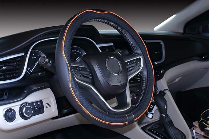Universal Standard Size Steering Wheel Cover Anti-Slip,Safety,Soft,Breathable,Durable,Full Surround,Comfortable Grip Microfiber Leather (14.5-15 inch,Black Orange)