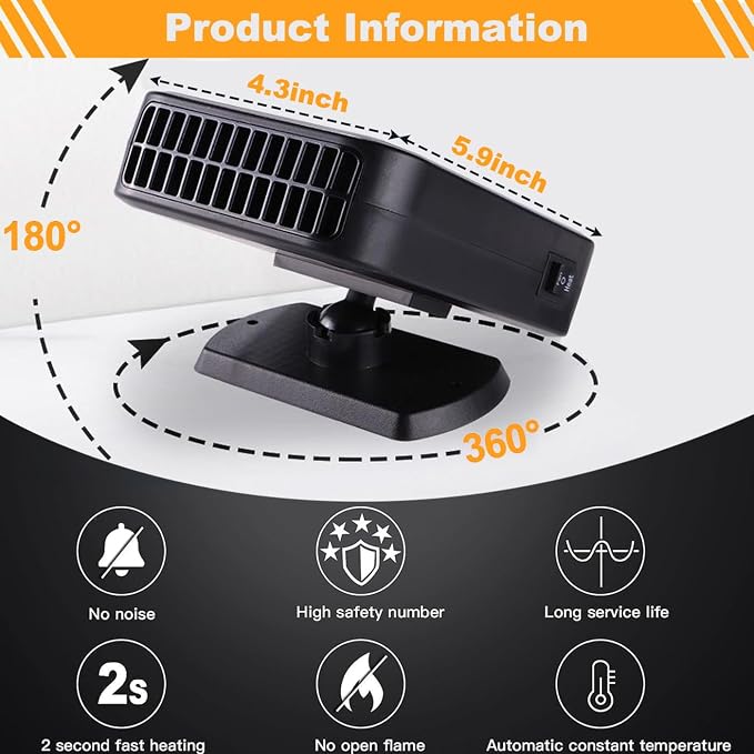 12V 200W Car Heater,2-in-1 Defroster & Defogger,Portable Car Heaters for Vehicle,Car Defroster Windshield Heater that Plugs into Cigarette Lighter with 360° Rotatable Base (Orange)
