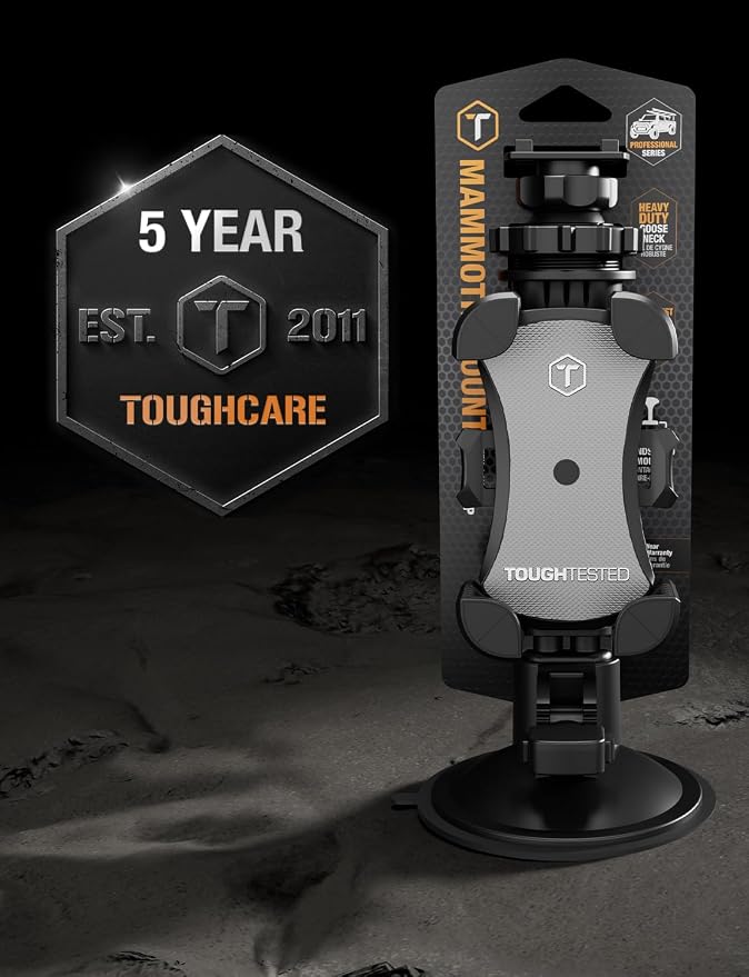 Mammoth Truck Windshield Phone Mount, Vibration Absorbing Car Phone holder with One-hand Quick Release, Double-ribbed Gooseneck, Expandable Claw Grip, 360 rotation, Extra Large Suction Cup