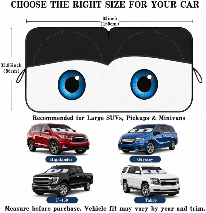 Car Windshield Sun Shade, Universal Fit Full-Size SUV Pickup, Cute Black | 63 x 33.86" Large Windshield Cover, Foldable Front Window Sunshade, UV Heat Protection, Cute Eyes Series
