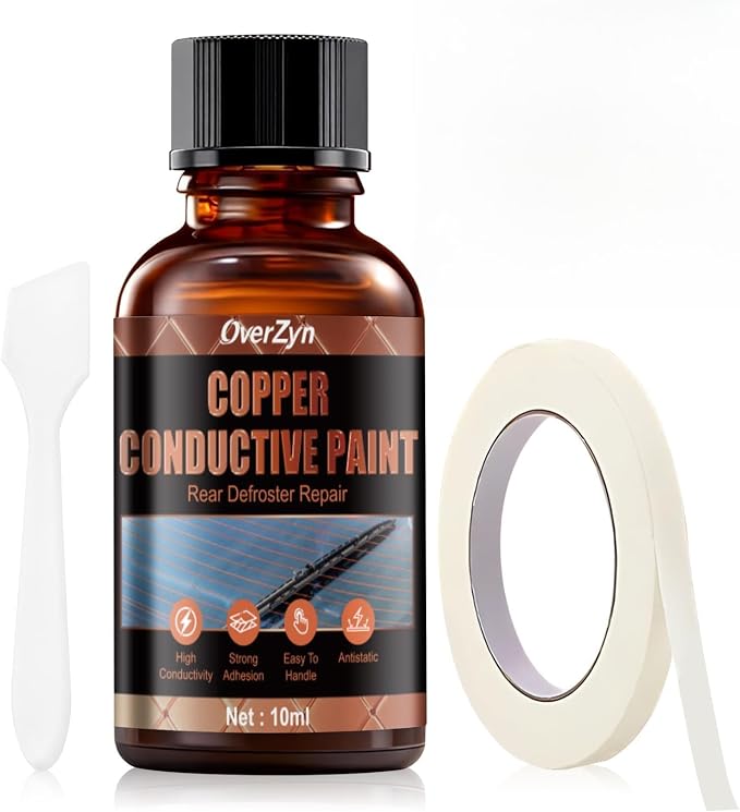 Copper Conductive Paint with Masking Tape and Scraper, High Conductivity, Used to Repair Various Types of Damage to Automotive Rear Window Defroster Grilles, 0.33 oz