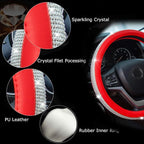New Diamond Leather Steering Wheel Cover with Bling Bling Crystal Rhinestones, Universal Fit 15 Inch Car Wheel Protector for Women Girls Red