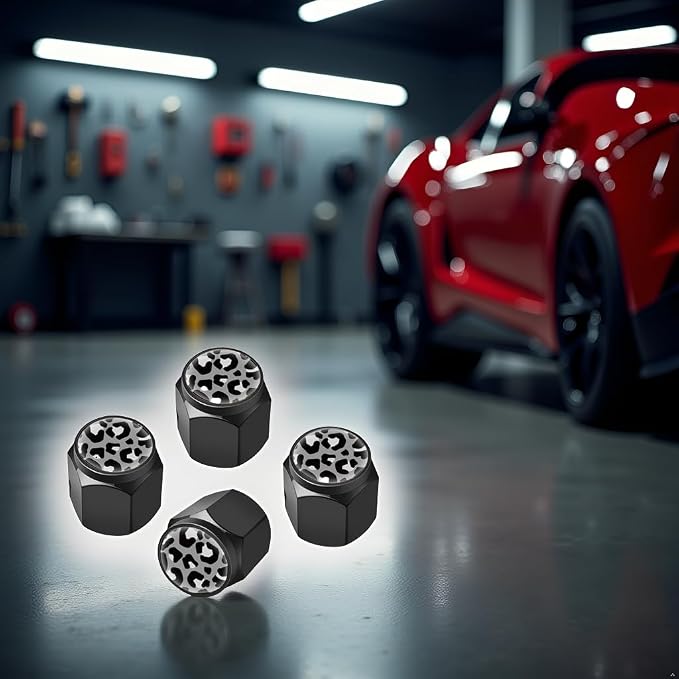 Tire Valve Stem Caps Cover,4 Pcs Metal Black Air Valve Cap, Aluminum Car Wheel Stem Caps,Universal Stem Covers for Cars,Trucks,Bikes,Motorcycles,Corrosion Resistant (Black Leopard Texture)