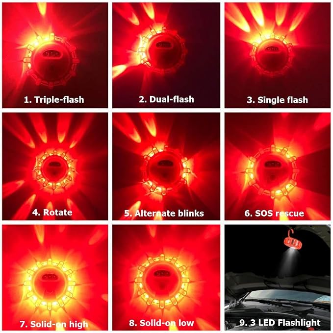 USB Rechargeable LED Road Flares Emergency Lights-Roadside Warning Car Safety Beacon Flashing Disc Flare Kit with Magnetic Base for Vehicles & Boat | 6 Beacon Disc Pack