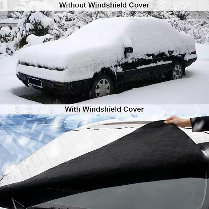 Car Windshield Snow Cover with 4 Layers Windproof Protection Defense Frost Sunlight, All Weather Winter & Summer Front Window Automotive Covers Sun & Snow-Shade for Most Cars Trucks Vans and SUVs