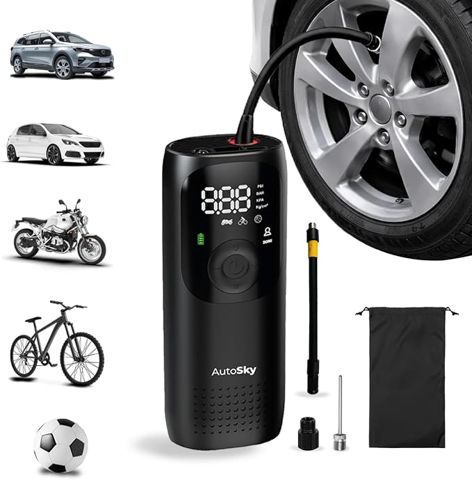 Portable Tire Inflator & Air Compressor – Car Accessories with Flashlight & Power Bank, Air Pump for Car Tires, Bike Pump & Ball Pump, 150 PSI Fast Inflation, Digital Display & Auto Shutoff