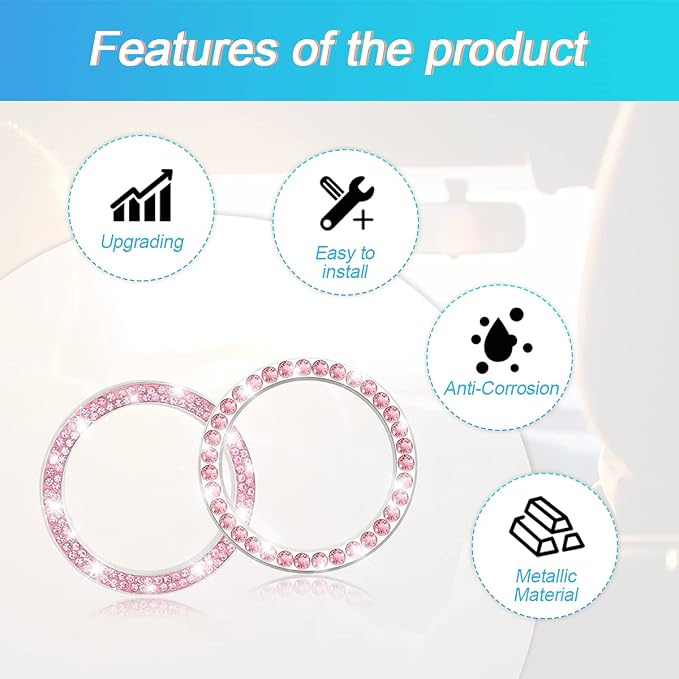 Car Bling Crystal Rhinestone Engine Start Ring Stickers, 1 Single Drainage Drill and 1 Double Drainage Drill Car Start Button Cover, Key Ignition Knob Bling Ring Decals, Car Accessories(Set Pink)