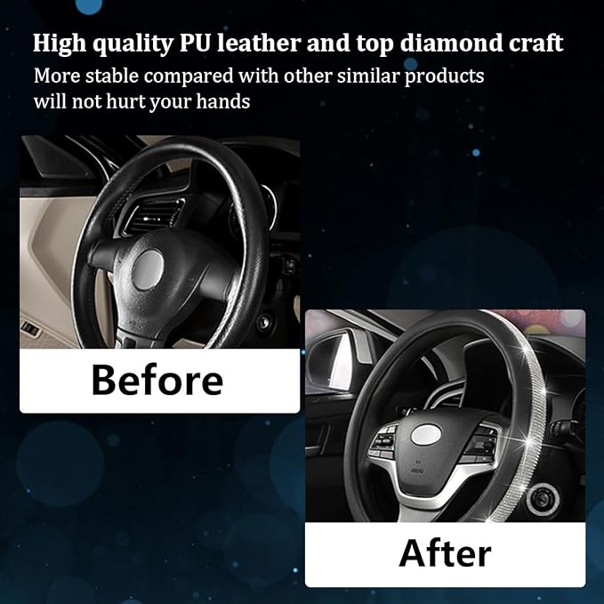 Steering Wheel Cover, Bling Crystal Rhinestones Auto Wheel Protector, Sparkly Cover Universal Fit Diverse 14.5-15 inch Steering Wheel, Interior Decor Car Accessories (White)