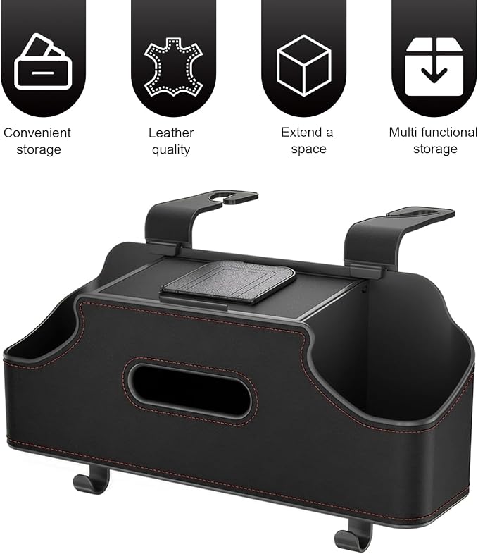 1 PC Backseat Organizer with Dual Cup Holder, Multi-function Tissue Hanging Box and 2 Hooks, Extra Rear Seat Road Trip Storage Accessories, Universal for Most Cars, Trucks, SUVs (Black)