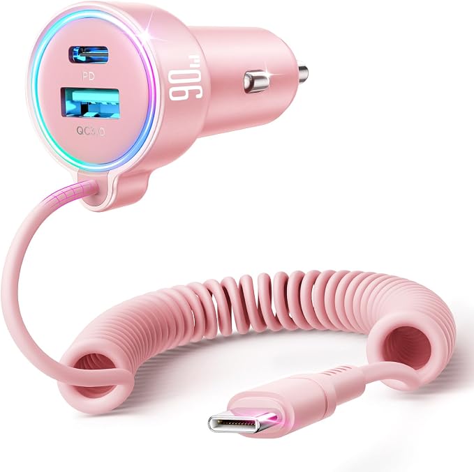 USB C 90W Car Charger for iPhone 17/16 Pro Max, PD & QC3.0 w/5 ft 45W Type C Coiled Cable, Fast Car Phone Charger Adapter for iPhone 17Air/15 Pro, Samsung Galaxy S25/S24/S23, Pixel 10/LG/Android, iPad
