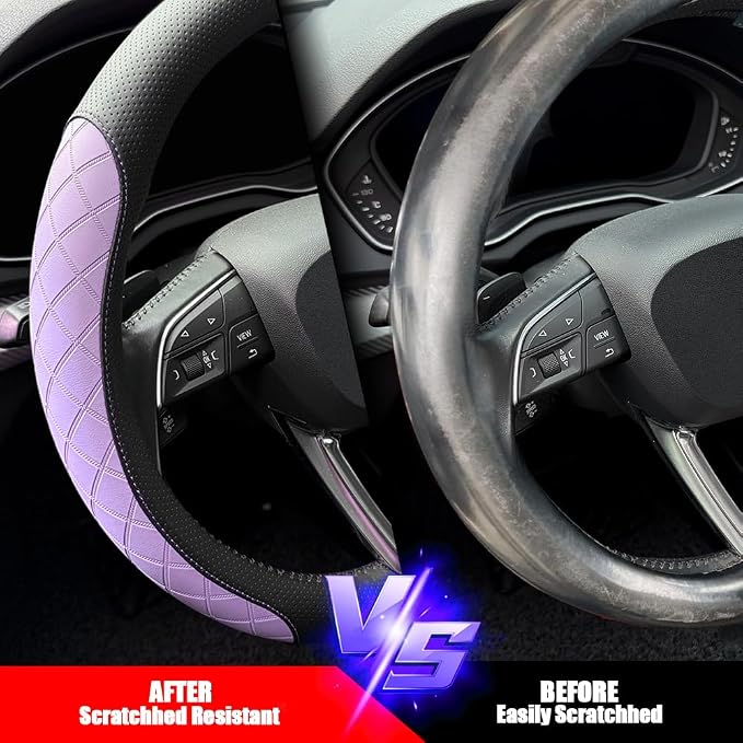 Nappa leather steering wheel cover,elegant diamond checkered design, non-slip wear-resistant, enhance driving comfort, suitable for steering wheel diameter 14 1/2‘-15’ models.Black and purple