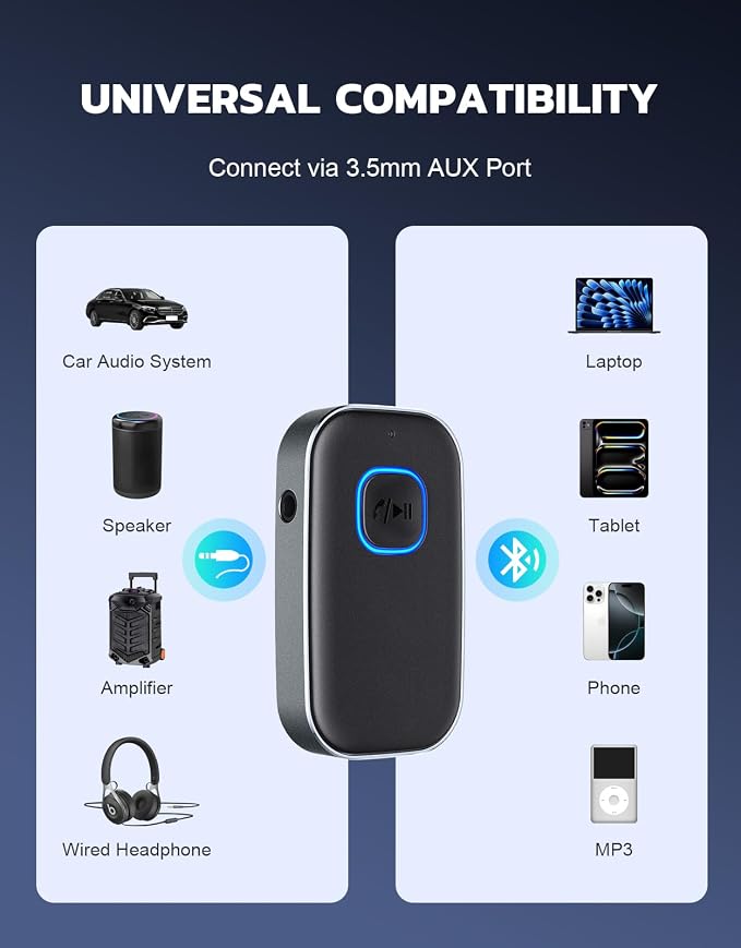 Bluetooth Receiver for Car, Noise Cancelling 3.5mm AUX Bluetooth Car Adapter, Wireless Audio Receiver for Home Stereo/Wired Headphones, Hands-Free Call, 16H Battery Life - Dark Gray