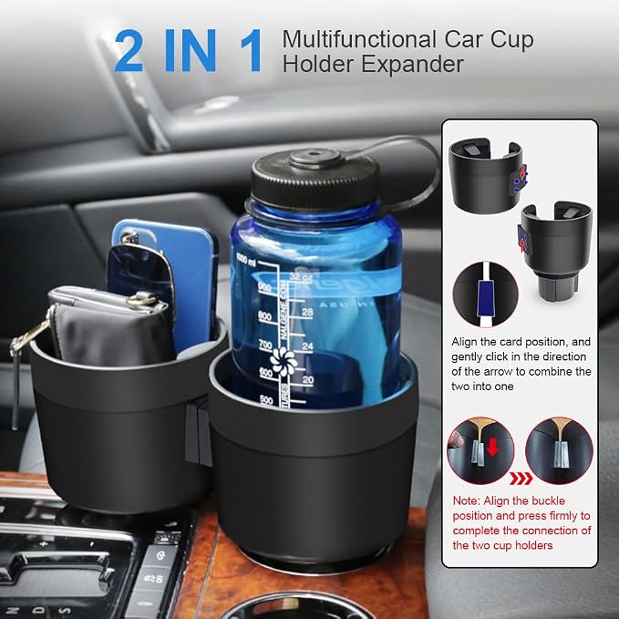 JINKEY Dual Cup Holder Expander for Car, 2 in 1 Multifunctional Large Car Cup Holder Expander Adapter with Adjustable Base, All Purpose Car Cup Holder for Bottles Cups Drinks Snack Organizer Grey