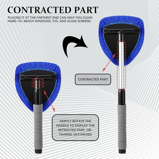 19" Extra-Long Windshield Cleaner Tool, Auto Glass Wiper Brush Kit | Car Interior Detailing Cleaning Kit with Extendable Handle and 4 Reusable Microfiber Pads, Car Window Cleaner, for Cars