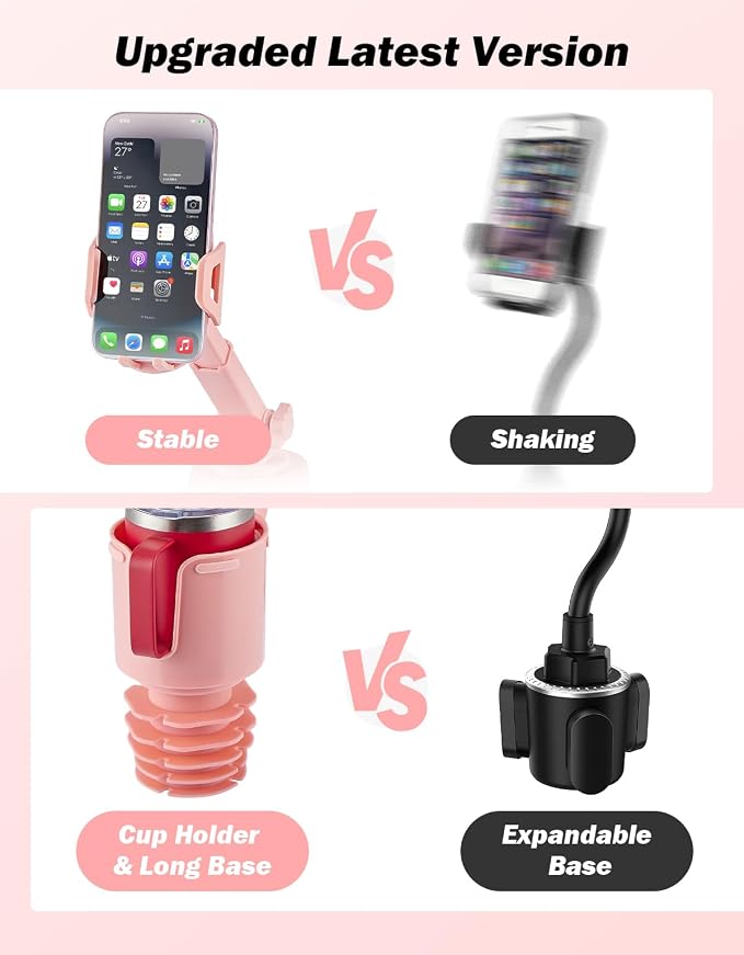 Cup Holder Phone Mount for Car, Car Cellphone Large Adapter Long Arm with 360 Degree Rotation, Compatible iPhone, Samsung & All Smartphones,Pink,1 Pack