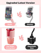 Cup Holder Phone Mount for Car, Car Cellphone Large Adapter Long Arm with 360 Degree Rotation, Compatible iPhone, Samsung & All Smartphones,Pink,1 Pack