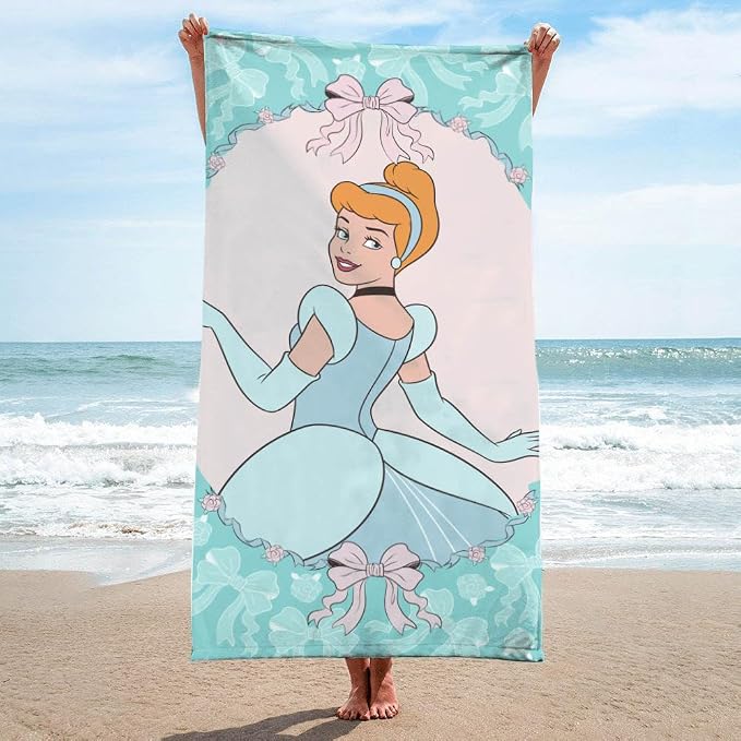 Kids Beach Towel - 100% Cotton Super Soft Absorbent Bath Towel, 28" x 58" Inch Lightweight for Travel, Official Licensed Product, Green - Princess Cinderella