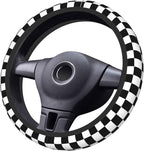Black White Checkered Elastic Steering Wheel Cover Non-Slip Breathable Steering Wheel Protector Fit Auto, SUVs, Truck