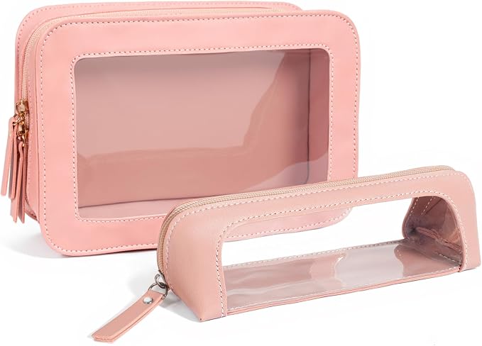 2Pack Clear Makeup Bags Set, Small Clear Makeup Bag, PU Leather Travel Makeup Brush Case Portable Transparent Waterproof Cosmetic Organizer Pouch with Zipper for Women(2Pack-White Set)