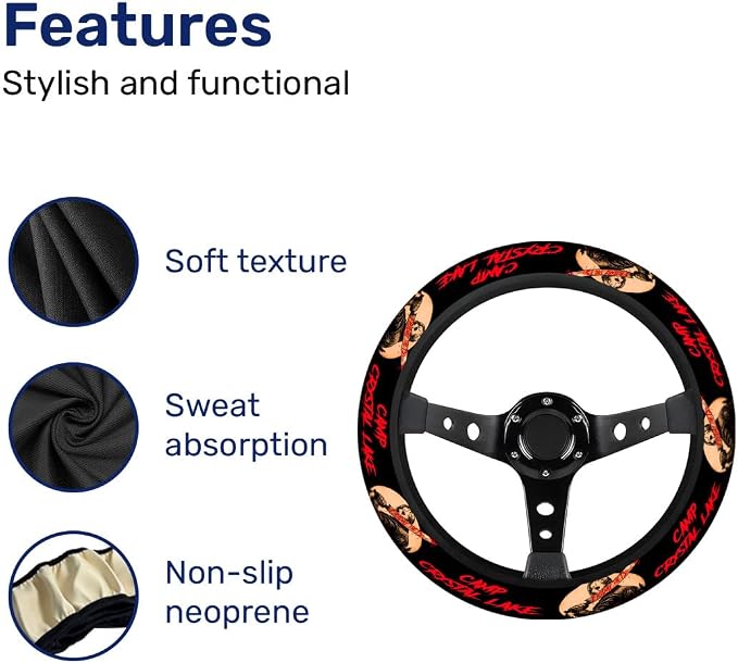 Hockey Mask Horror Steering Wheel Cover, Non Slip Polyester Car Wheel Protector for Car SUV Truck, Universal 15 Inch