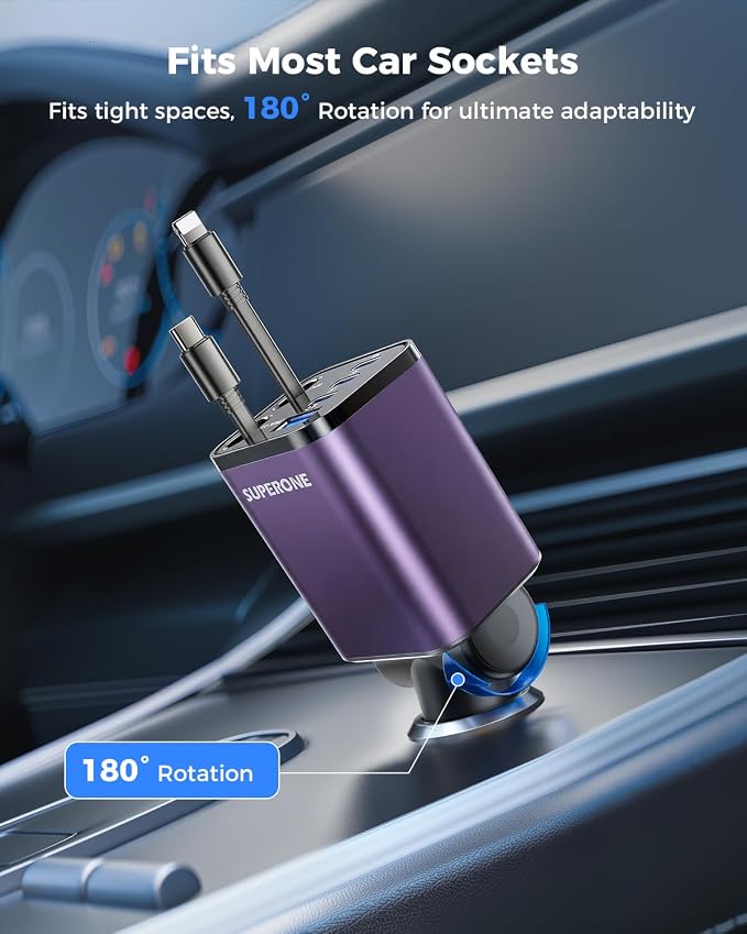 [Upgraded] 6 in 1 Retractable Car Charger, Smaller Fast Car Phone Charger 99W with Cord, USB C and iPhone Car Charger Adapter, Compatible iPhone 17/17 Pro Max/16/15/14/13/12/11, Sumsung