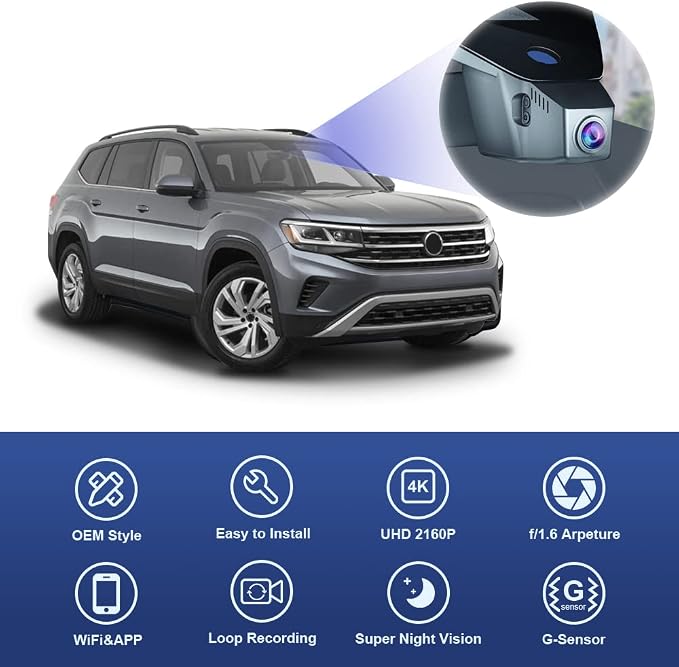 4K Dash Cam Suitable for Volkswagen Atlas 2018-2026 (Model A/Slim-Tail) & Atlas Cross Sport 2020-2026, OEM Look, UHD 2160P Video, WiFi & APP, Loop Recording, Parking Sensor, Plug & Play, 64GB