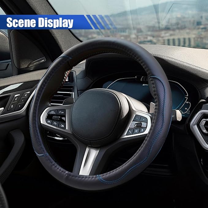 15Inch Leather Car Steering Wheel Cover for SUV, Truck, BlackBlue | Anti-Slip Breathable Automotive Steering Wheel Protector, Universal Heat Resistant Vehicle Interior Accessories
