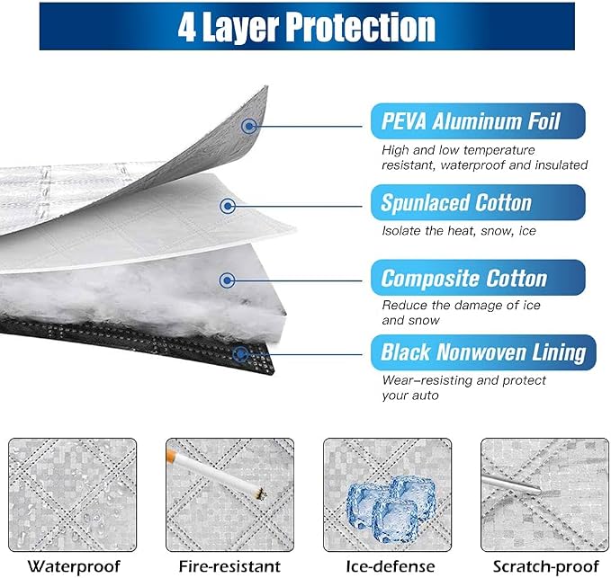 Car Rear Windshield Cover, 4-Layer Waterproof Back Window Protector for Ice and Snow Sun UV Rays Dust, Winter Hail Frost Shield, with Windproof Strap - Fits Most Sedans, SUV | Medium