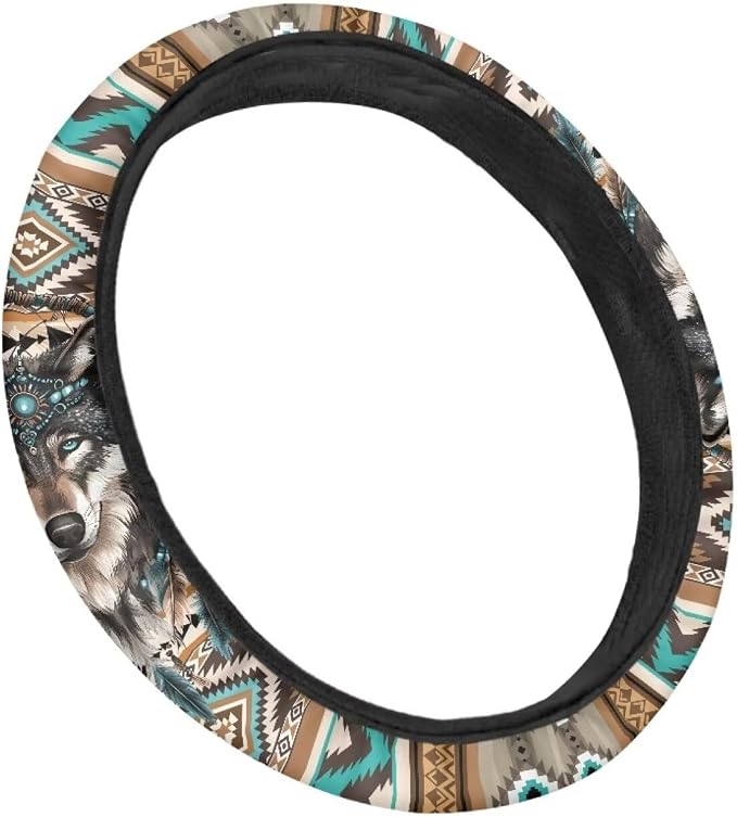 Aztec Wolf Dream Catcher Car Steering Wheel Cover Universal 15 Inch for Cars Anti-Skid Soft Touch Elastic All Weather Protection