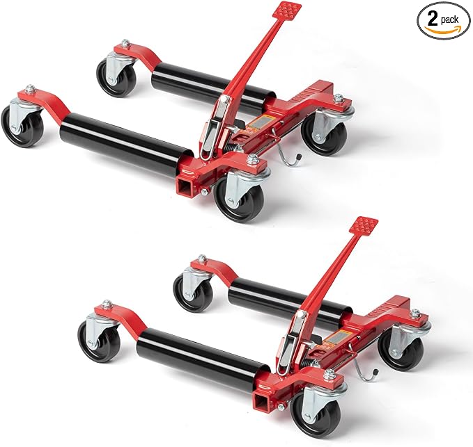 Car Wheel Dolly Jack Set of 2, Mechanical 3000-lbs Car Skates, 12'' Wheel Vehicle Positioning Jack, Heavy Duty Rollers with Ratcheting Foot Pedal for Tire Auto Repair Moving, Red