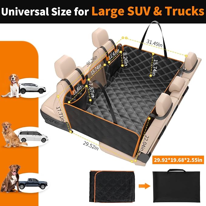 Back Seat Extender for Dogs, Hard Bottom Dog Car Seat Cover for Back Seat Waterproof with Mesh Window and Storage Pocket, Dog Hammock for for Full Size Truck SUV