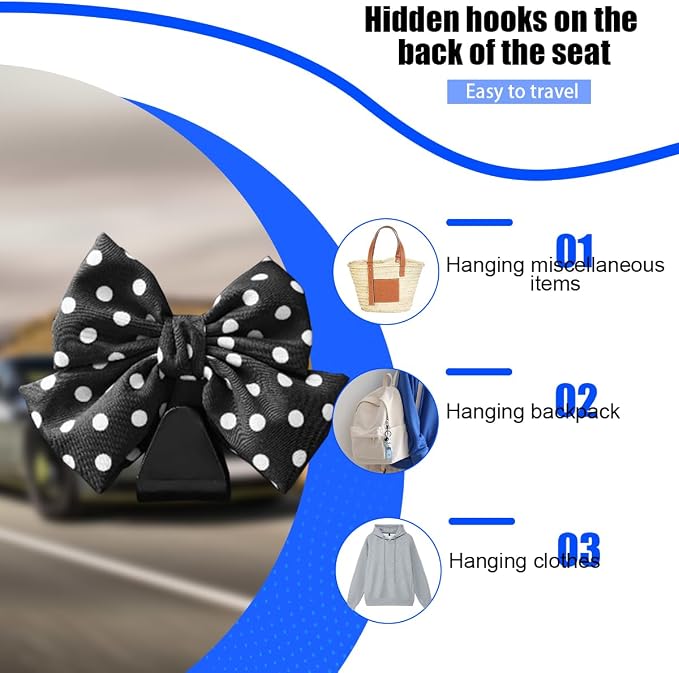 2PCS Car Seat Headrest Hook, Cute Bow Backseat Hanger Holder for Purse Bag Handbag Coat, Auto Interior Seat Back Grocery Storage Organizer Hook, Universal for Vehicles (Black Polka Dots)