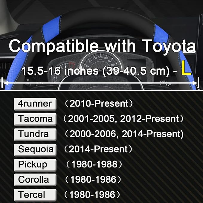 Customized Auto Car Steering Wheel Cover for Toyota Tacoma,4Runner,Tundra,Sequoia,15.5-16 inch (Black+Blue-Large Size)