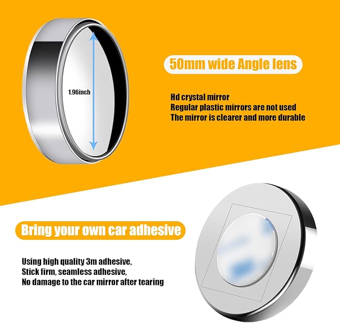 2 PCS Car Reversing Blind Spot Mirror, 2.16" x 0.39" High-definition Glass 360° Large Viewing Angle Round Mirror, Self-adhesive ABS Anti-collision Shell, Compatible with Most Models (Silver)