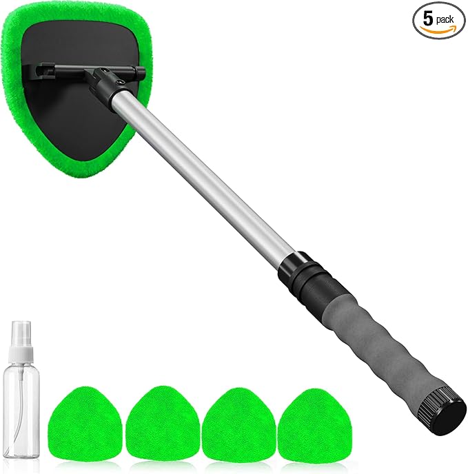 Windshield Cleaning Tool, Car Window Cleaner Windshield Cleaner with 4 Reusable and Washable Microfiber Pads and Extendable Handle Auto Inside Glass Wiper Kit (Green)