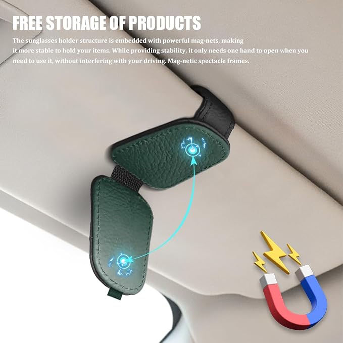 Sunglasses Holders for Car Visor, Sunglass Car Organizer, Leather Magnetic Buckle Sun Visor Sunglass Clip, Car Accessories Ticket Card Clip Sunglasses Mount Fit Truck (Black/Army Green, 2PCS)