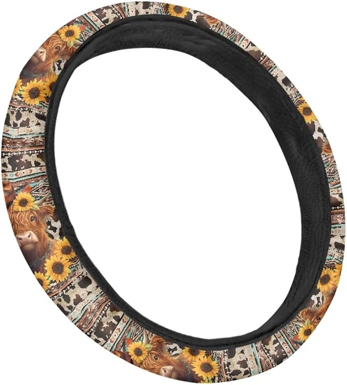 Aztec Highland Cow Cowboy Sunflower Car Steering Wheel Cover Universal 15 Inch Auto Accessories Car Interior Decoration for Women Men Fit Cars SUV Sedan Vans Trucks