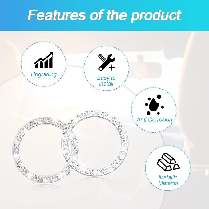 Car Bling Crystal Rhinestone Engine Start Ring Stickers, 1 Single Drainage Drill and 1 Double Drainage Drill Car Start Button Cover, Key Ignition Knob Bling Ring Decals, Car Accessories(Set Silver)