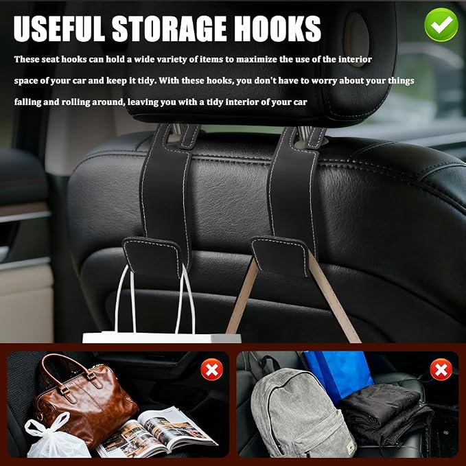 2PCS Car Seat Headrest Hooks, Purse Hook for Car, Automotive Headrest Handbags Holder, Auto Accessories Leather Seatback Organizer Hanger for Hanging Purses Bags Coats (Black, 2PCS)
