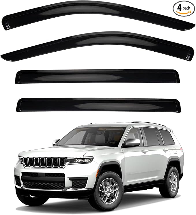 4pcs Smoke Tint Sun Rain Guard Vent Window Visors Compatible with 2021-2024 Jeep Grand Cherokee L, Outside Mount Tape On Style Acrylic Set of 4 Front+Rear