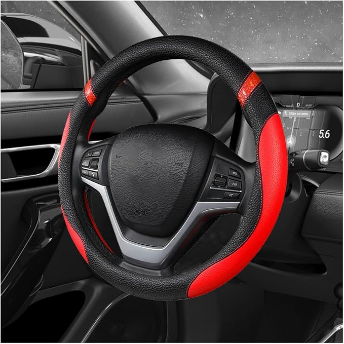 Car Steering Wheel Cover, 15 Inch Premium Leather Breathable Non-Slip Wheels Wrap, Universal Auto Comfortable Steering Wheel Protector for SUV Truck Van, Car Accessories (Red)