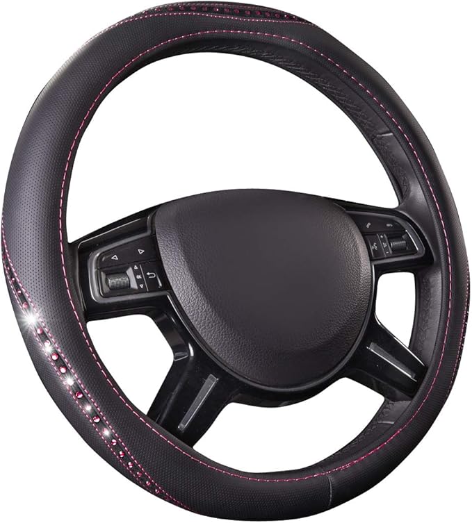 Bling Diamond Leather Steering Wheel Cover, Studded Crystal Rhinestones Universal Fit 14" 1/2-15" Crystal Glitter for Women Sparkle Girl Fit Suvs,Vans,Sedans,Cars,Trucks, Hot Pink Diamond