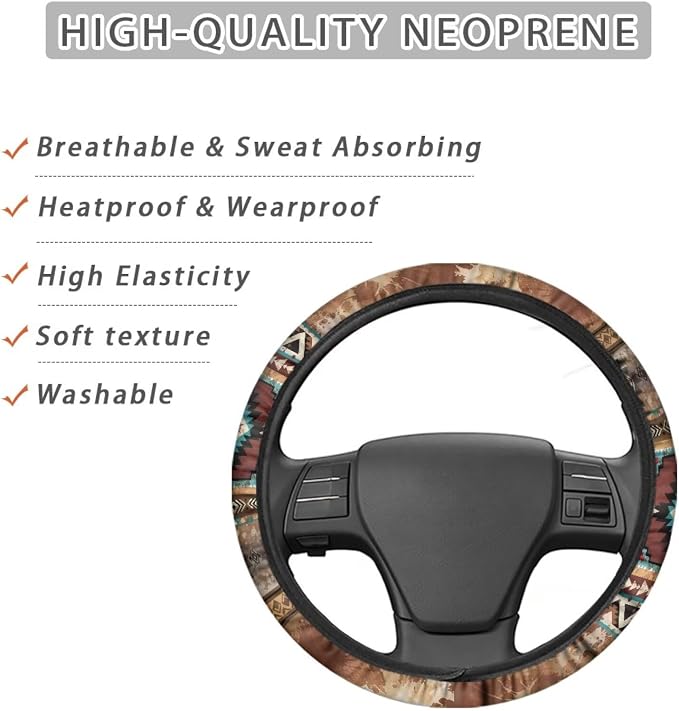 Car Steering Wheel Cover Universal Fit SUV Truck Van, Anti-Skid Soft Stretchy All Weather Protection Auto Decor Accessories, Aztec Navajo Splash Brown