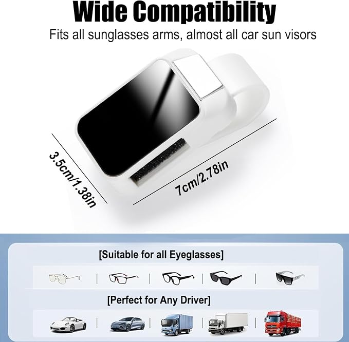 2 Pack Sunglasses Holder for Car, One-Handed-Operation Visor Sunglass Holder Clip, Easy Access Storage for Driving,Universal Fits (White)