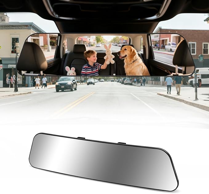 Panoramic Rear View Mirror 12 Inch Chrome Anti-glare for Car SUV | Universal Convex Clip on Large Rear Mirrors Car Interior Extra Big Wide Angle Rearview Mirror Extender to Reduce Blind Spot