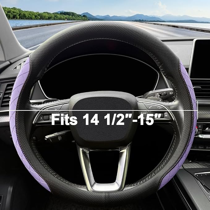 Nappa leather steering wheel cover,elegant diamond checkered design, non-slip wear-resistant, enhance driving comfort, suitable for steering wheel diameter 14 1/2‘-15’ models.Black and purple