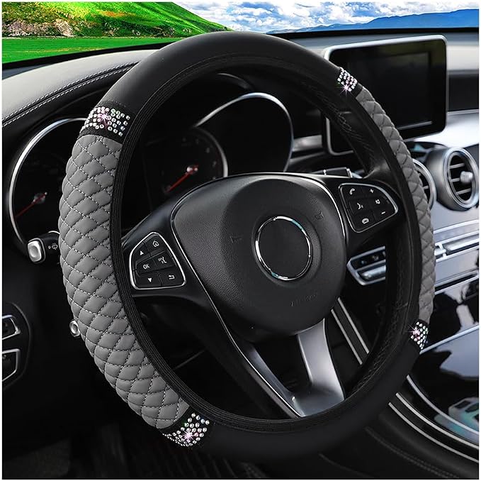 Bling Car Steering Wheel Cover, 15 Inch Rhinestones Soft Leather Elastic Steering Wheel Protector, Sparkly Crystal Diamond for Women Girls (Gray)