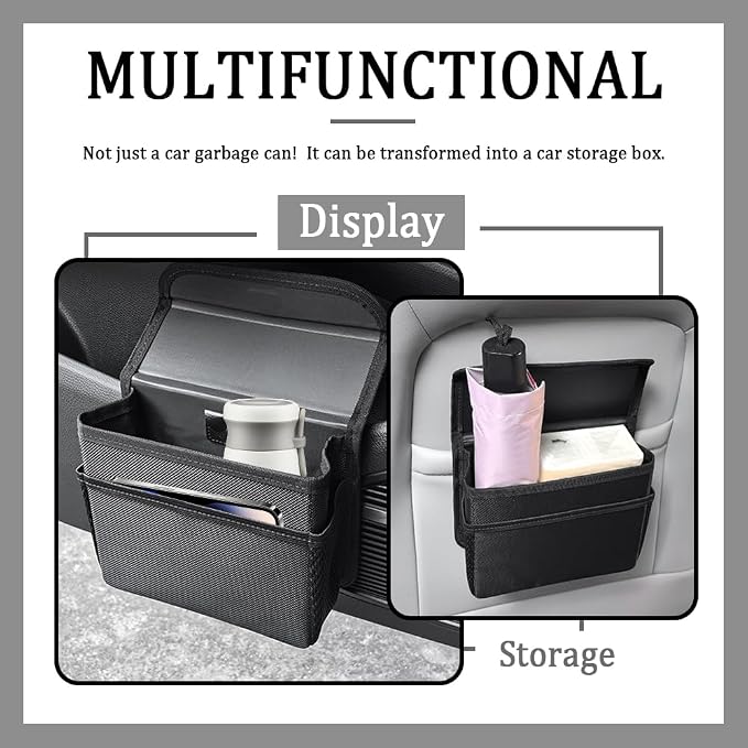 Upgraded Magnetic Car Trash Can with Lid,Mini Hanging Car Trash Bin with Mesh Pocket & 30PCS Garbage Bag,Collapsible Cars Garbage Can as Cars Storage Organizer for Most Auto