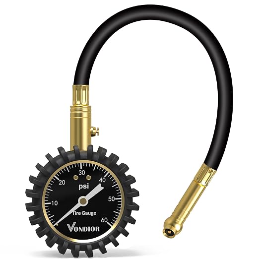 Tire Pressure Gauge with Tube (0-60 PSI), Air Pressure Gauge Certified ANSI Accurate with Large Easy to Read Glow Dial, Tire Pressure Gauge for Car Trucks Bicycle Tires